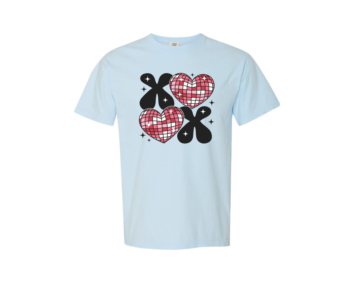 brand:Comfort Colors|color:Chambray|Disco Heart Bow Valentine Graphic T-Shirt