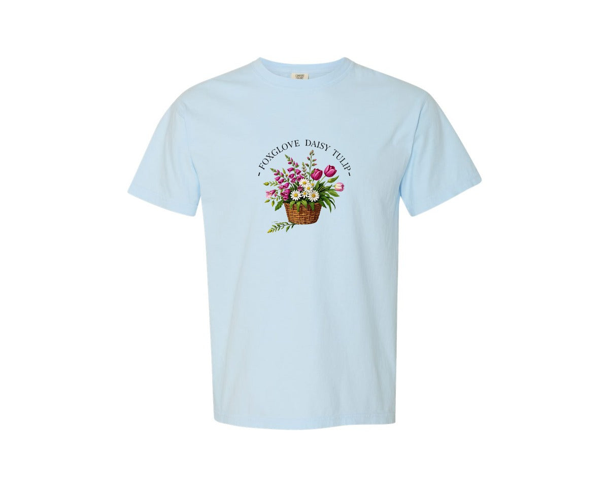 brand:Comfort Colors|color:Chambray|Foxglove Daisy Tulip Flower Basket Graphic T-Shirt