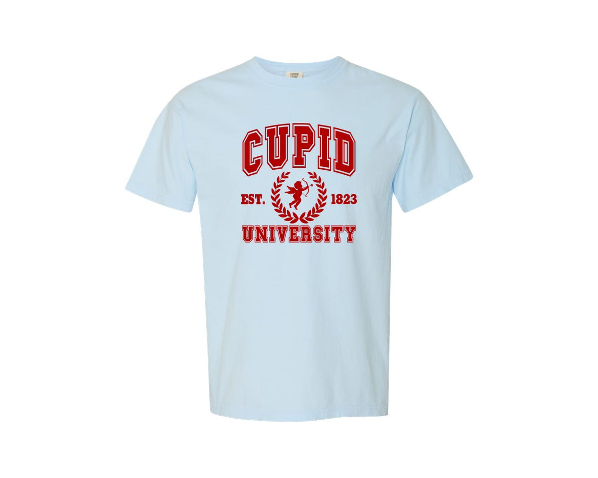 brand:Comfort Colors|color:Chambray|Cupid University Valentines Day Graphic T-Shirt