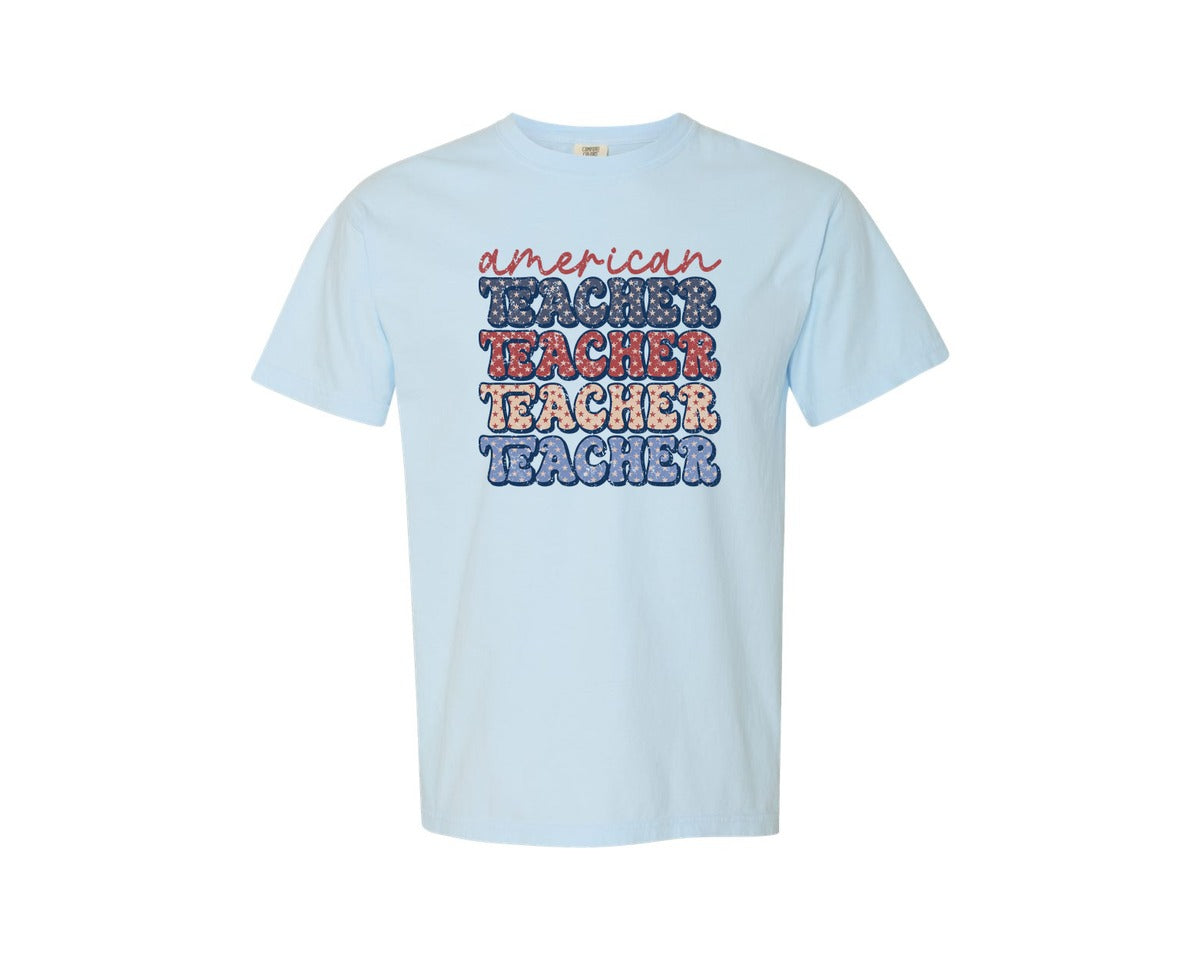 brand:Comfort Colors|color:Chambray|Retro American Teacher 4Th Of July Graphic T-Shirt