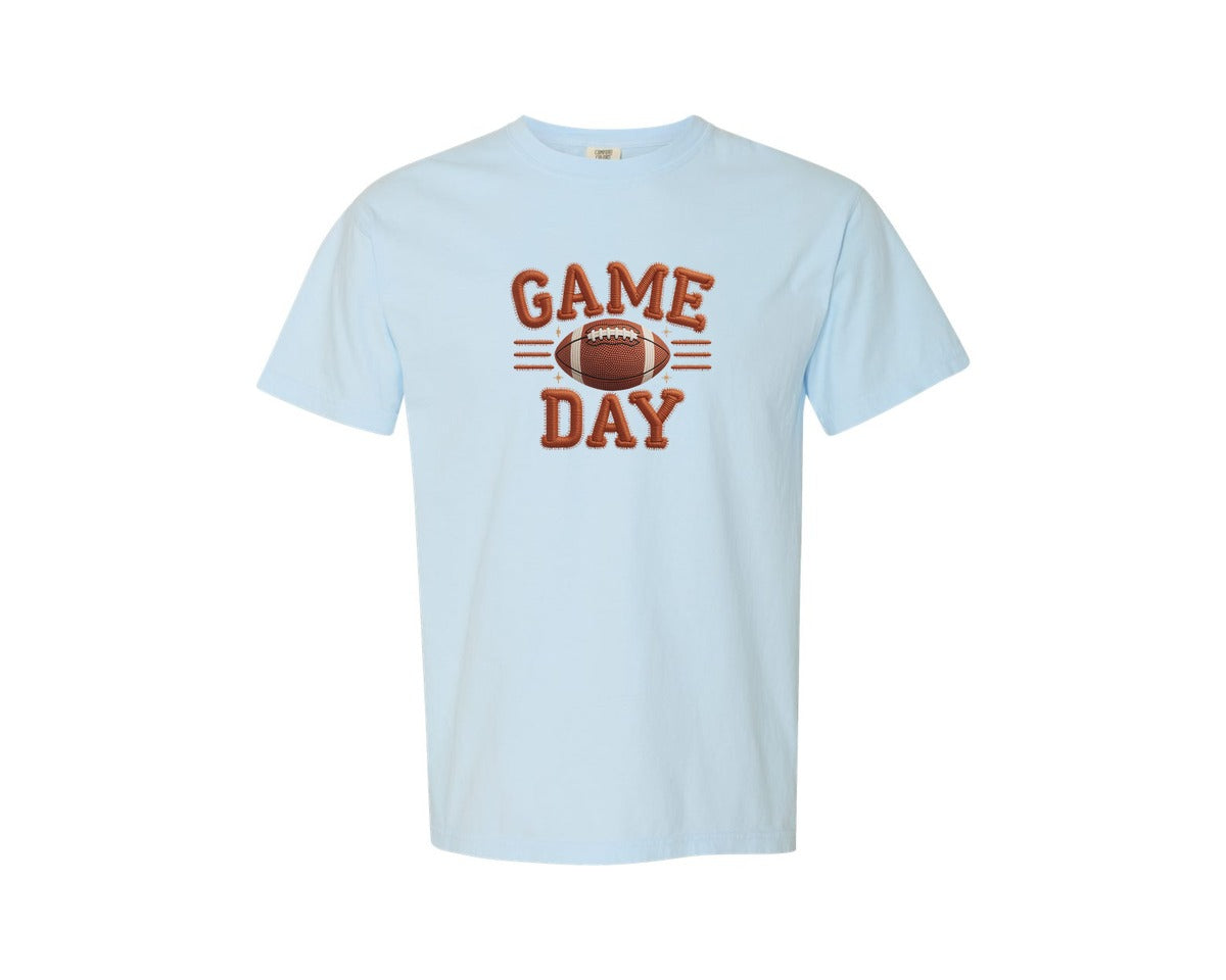brand:Comfort Colors|color:Chambray|Game Day Faux Yarn Football Graphic T-Shirt