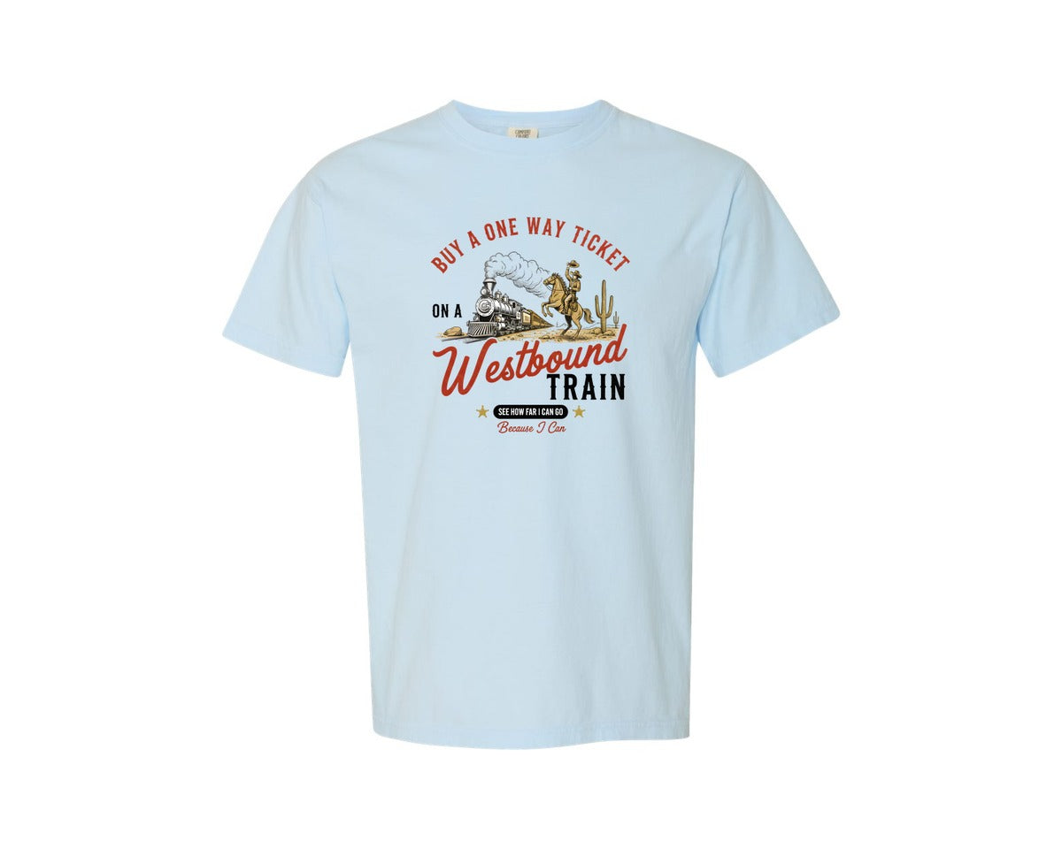 brand:Comfort Colors|color:Chambray|One Way Ticket Westbound Train Graphic T-Shirt