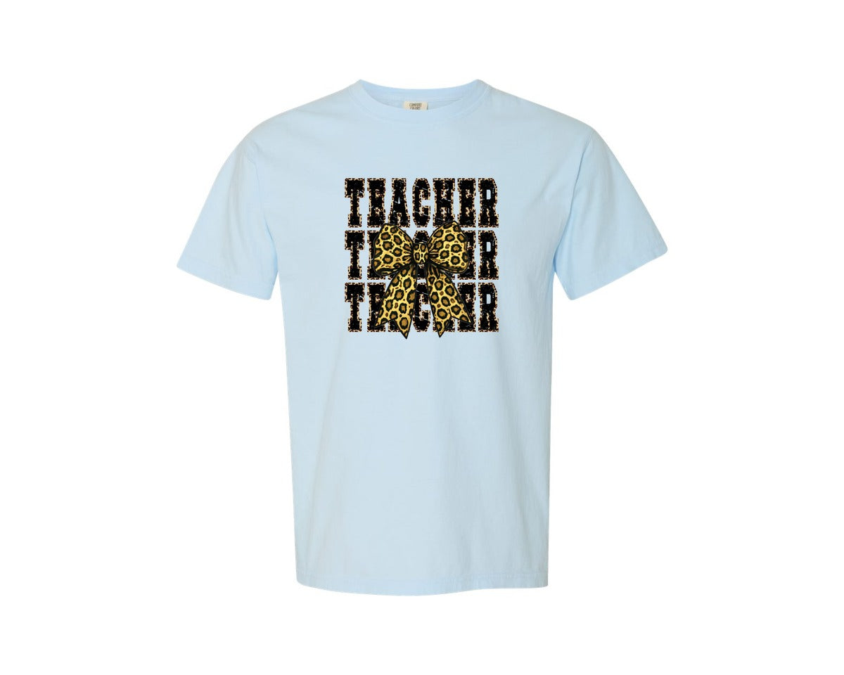 brand:Comfort Colors|color:Chambray|Teacher Shirt Leopard Teacher Bow Graphic T-Shirt