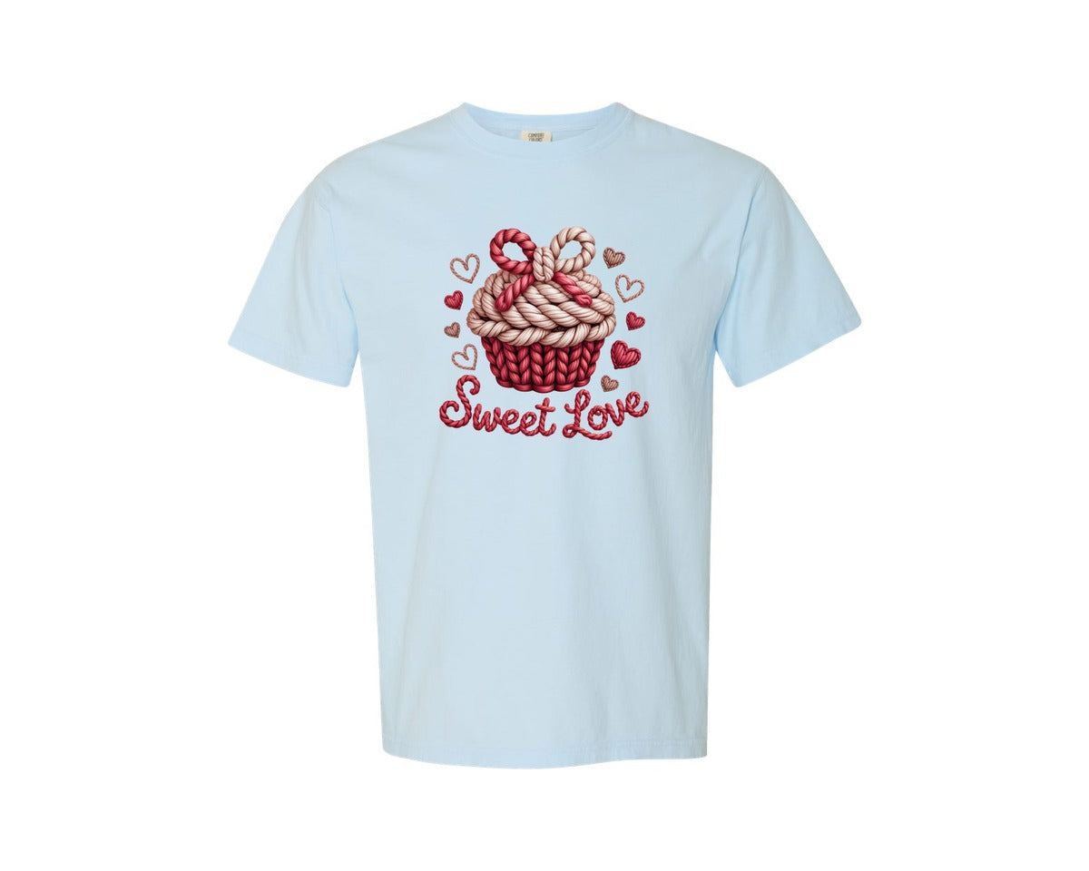 brand:Comfort Colors|color:Chambray|Faux Yarn Crochet Sweet Love Valentines Graphic T-Shirt