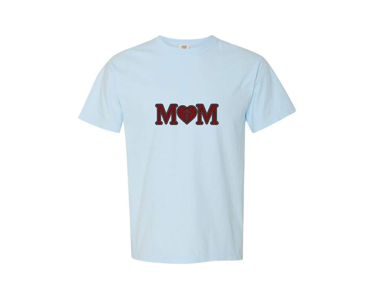 brand:Comfort Colors|color:Chambray|Rhinestone Mom Heart Cross Design Graphic T-Shirt