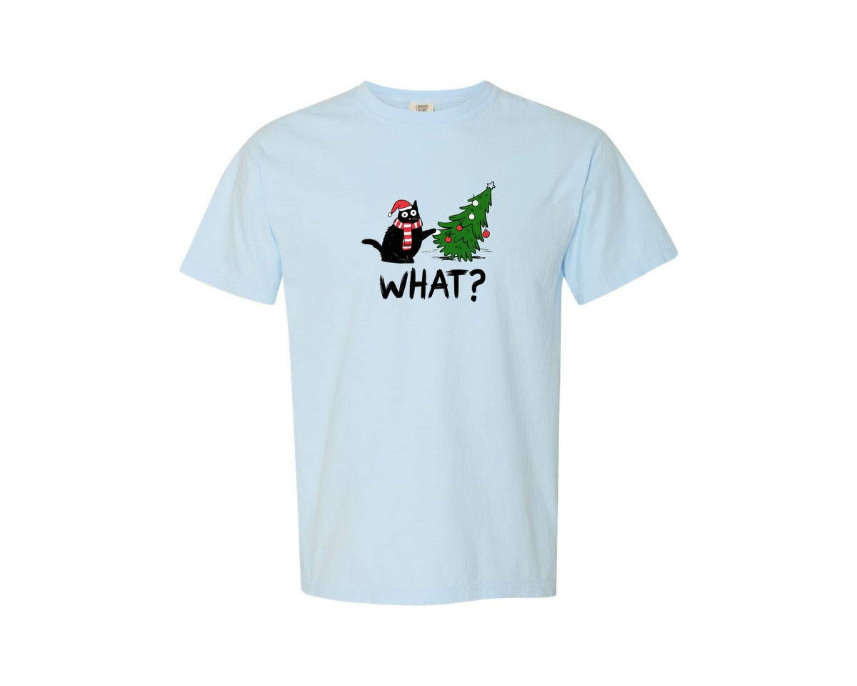 brand:Comfort Colors|color:Chambray|Funny Cat Christmas Tree Black Cat Graphic T-Shirt