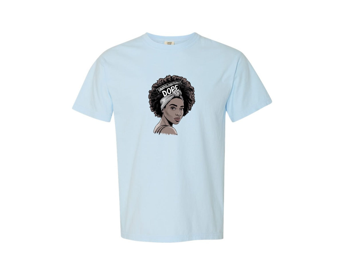 brand:Comfort Colors|color:Chambray|Unapologetically Dope Black Woman Afro Graphic T-Shirt