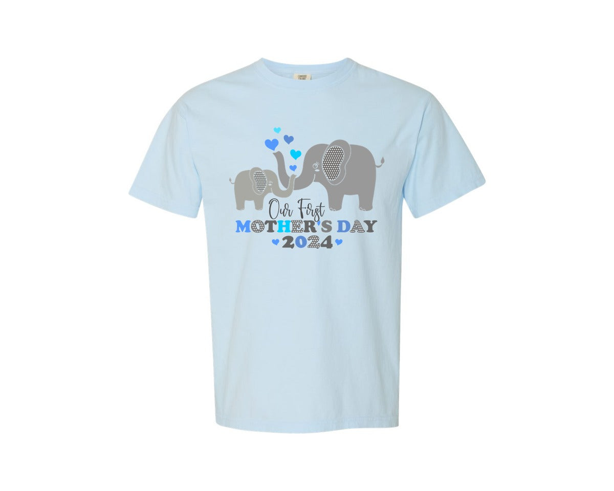 brand:Comfort Colors|color:Chambray|Our First Mothers Day Elephant Mom Baby Graphic T-Shirt