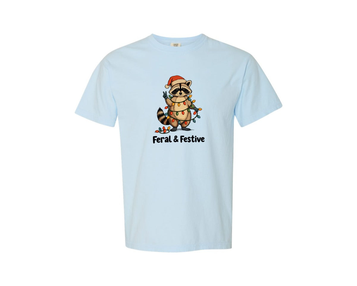 brand:Comfort Colors|color:Chambray|Feral And Festive Raccoon Christmas 2 Graphic T-Shirt