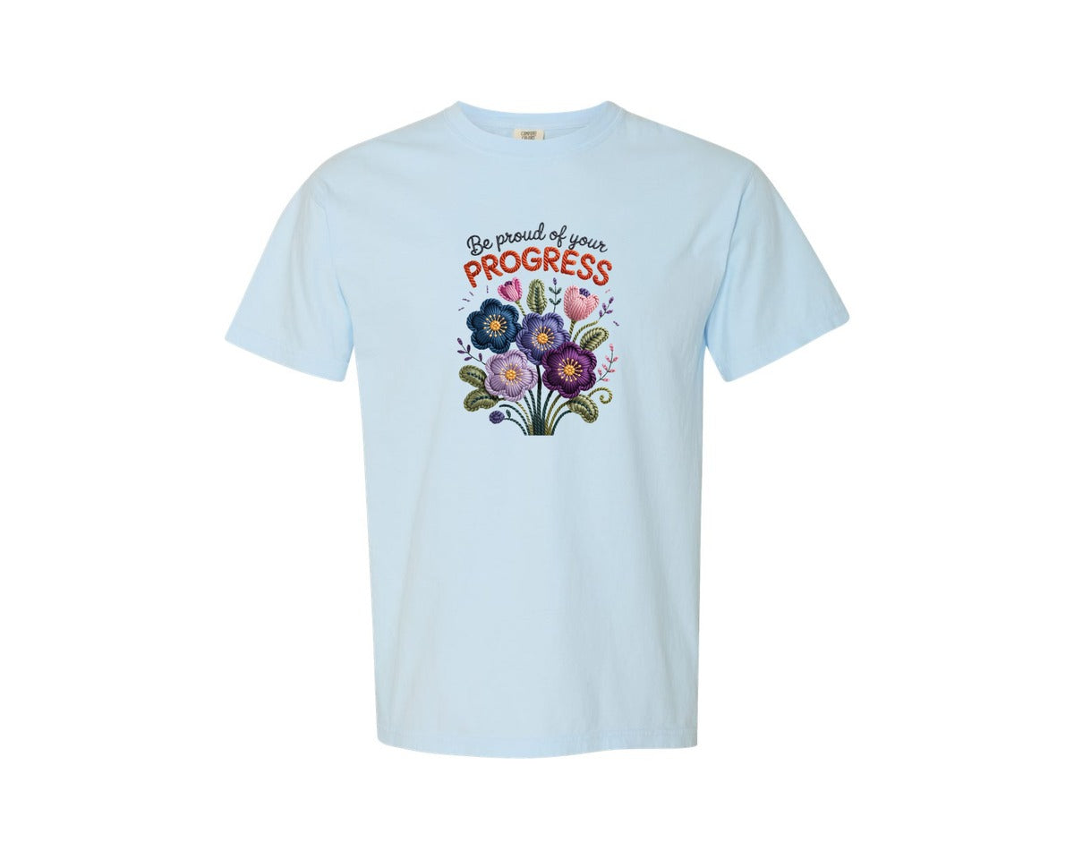 brand:Comfort Colors|color:Chambray|Be Proud Inspirational Quote Floral Graphic T-Shirt