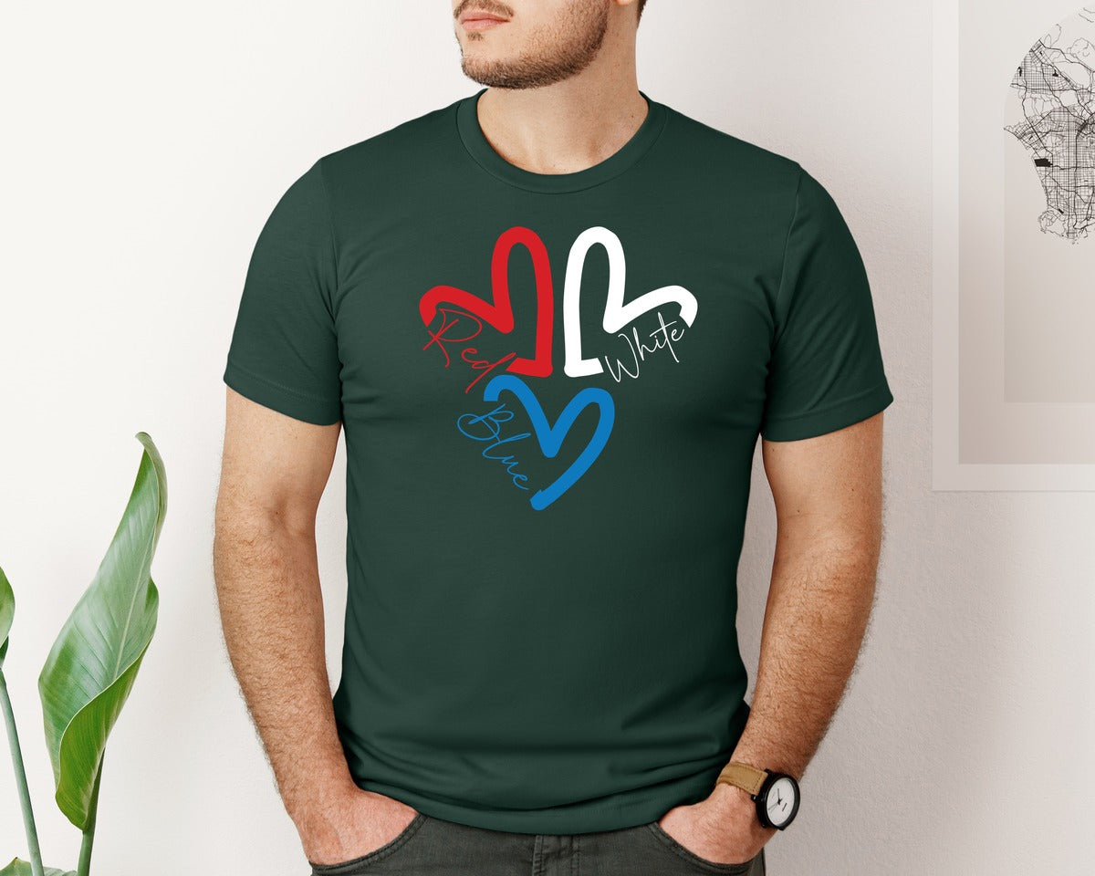 brand:Bella Canvas|color:Forest Green|Heart 4Th Of July Red White Blue Pa Graphic T-Shirt