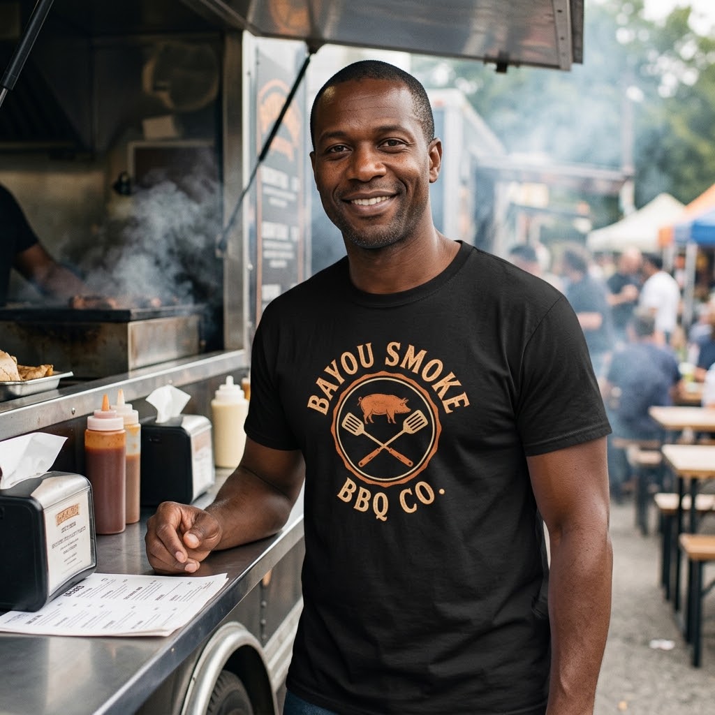 Custom Gildan 64000 black staff t-shirt with BBQ restaurant logo - InkDyno custom example