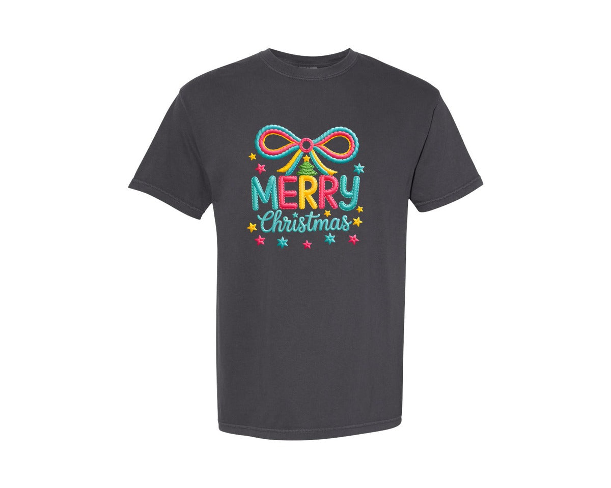 brand:Comfort Colors|color:Graphite|Yarn Faux Embroidery Merry Christmas Graphic T-Shirt