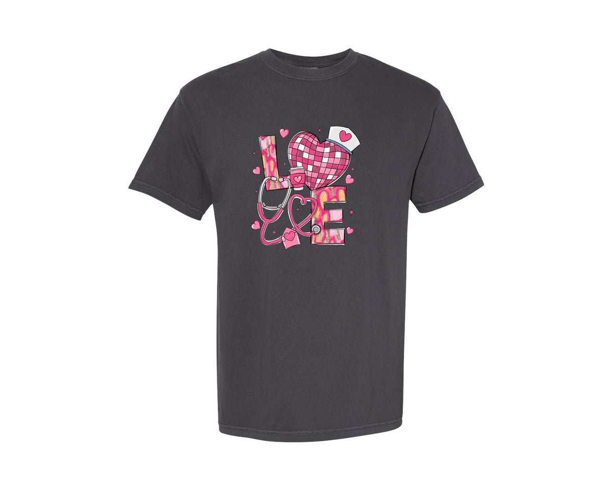 brand:Comfort Colors|color:Graphite|Nurse Love Valentine Coquette Bow Graphic T-Shirt