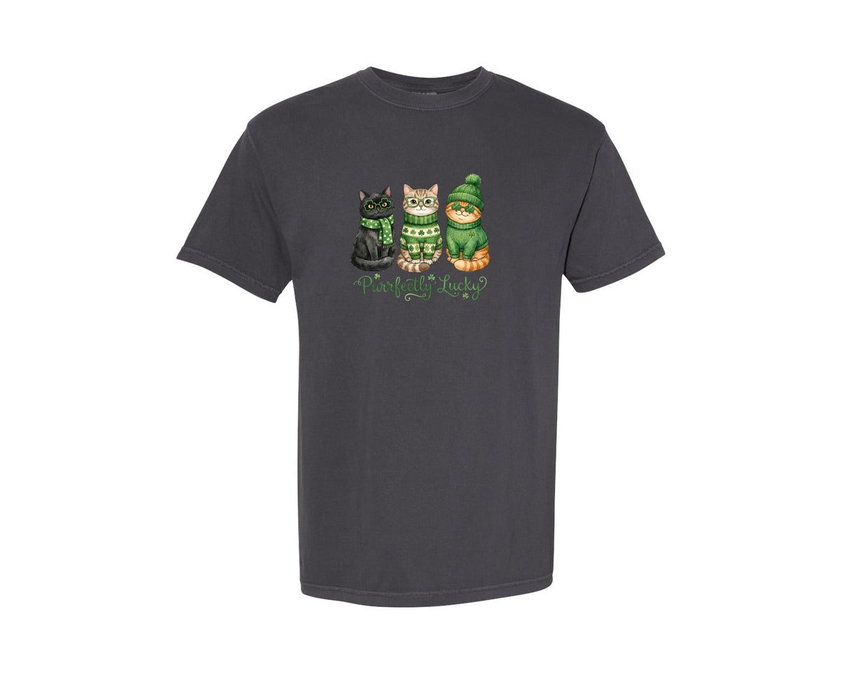 brand:Comfort Colors|color:Graphite|Purrfectly Lucky Cats Design Graphic T-Shirt