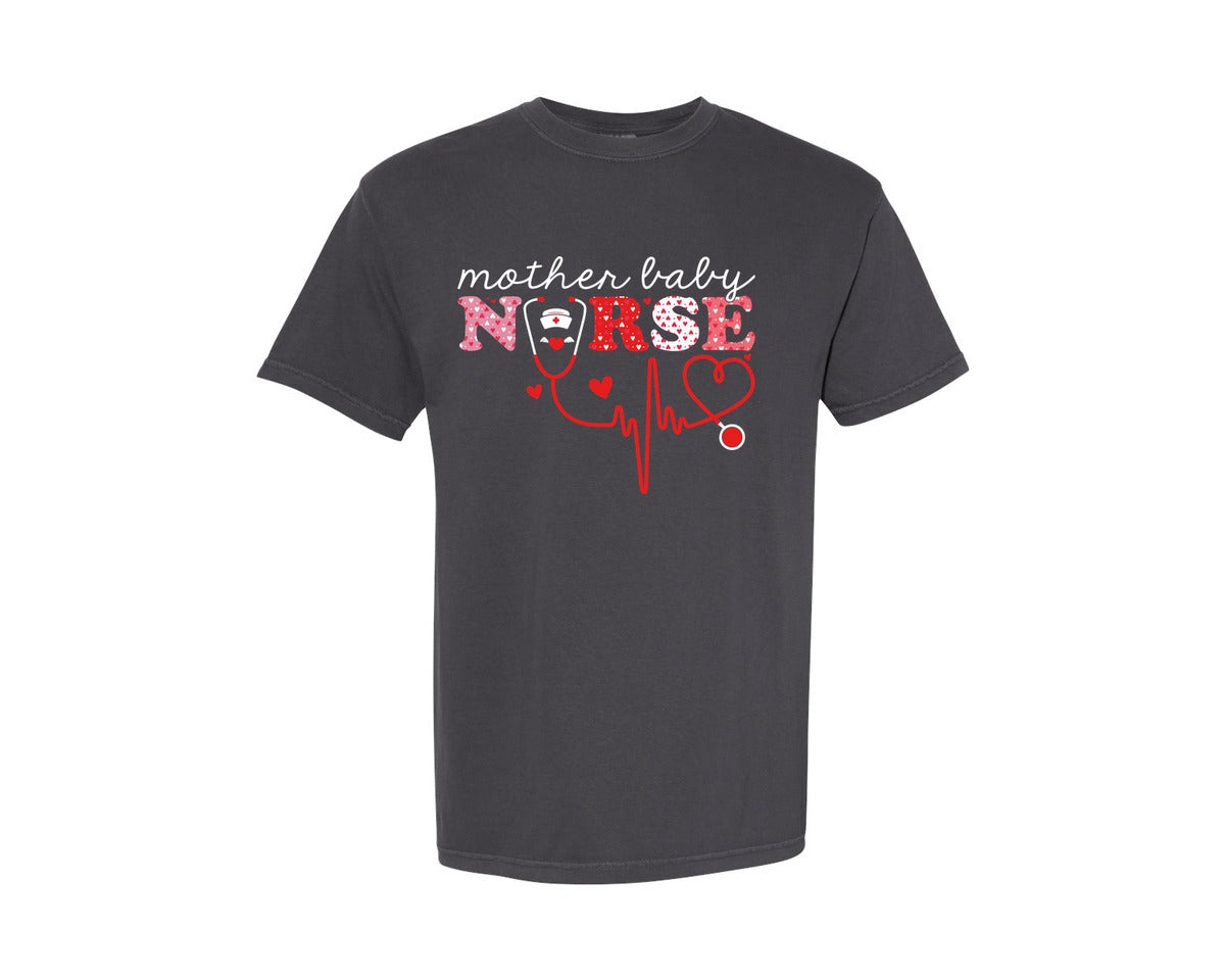 brand:Comfort Colors|color:Graphite|Mother Baby Nurse Valentines Day Postpar Graphic T-Shirt