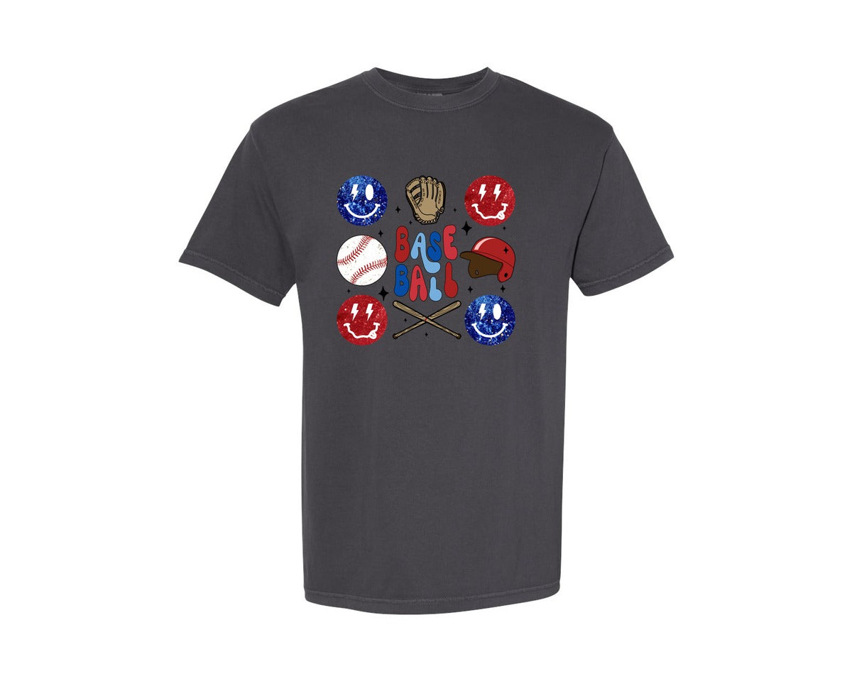brand:Comfort Colors|color:Graphite|Retro Smiley Glitter Baseball Graphic T-Shirt