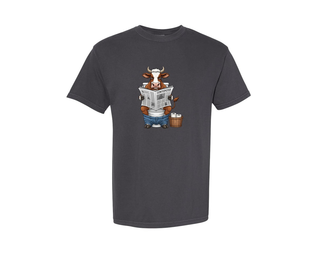 brand:Comfort Colors|color:Graphite|Cow On Toilet Funny Farm Animal Sub Graphic T-Shirt