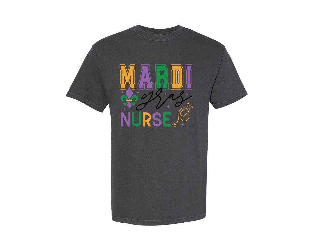 brand:Comfort Colors|color:Graphite|Mardi Gras Mardi Gras Nurse Graphic T-Shirt