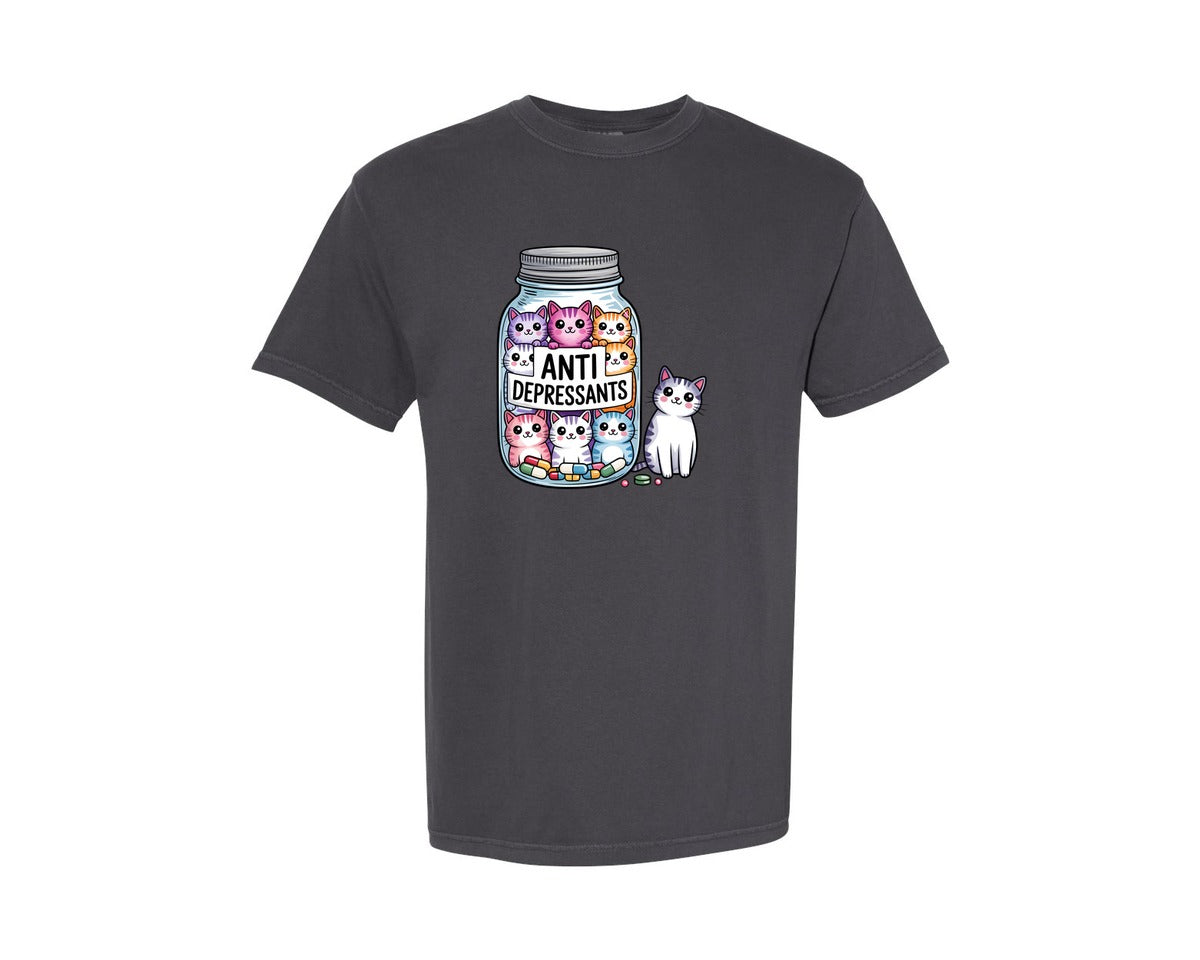 brand:Comfort Colors|color:Graphite|Antidepressants Cats In Pill Jar Graphic T-Shirt