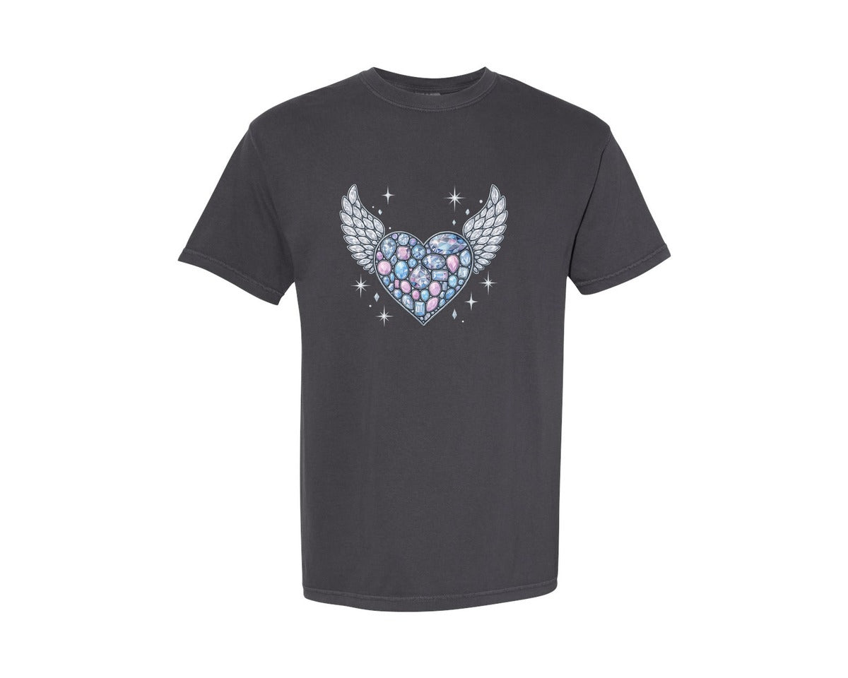 brand:Comfort Colors|color:Graphite|Faux Rhinestone Winged Heart Graphic T-Shirt