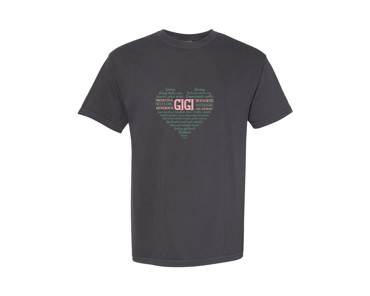 brand:Comfort Colors|color:Graphite|Gigi Heart Shape Mothers Day Heart 3 Graphic T-Shirt