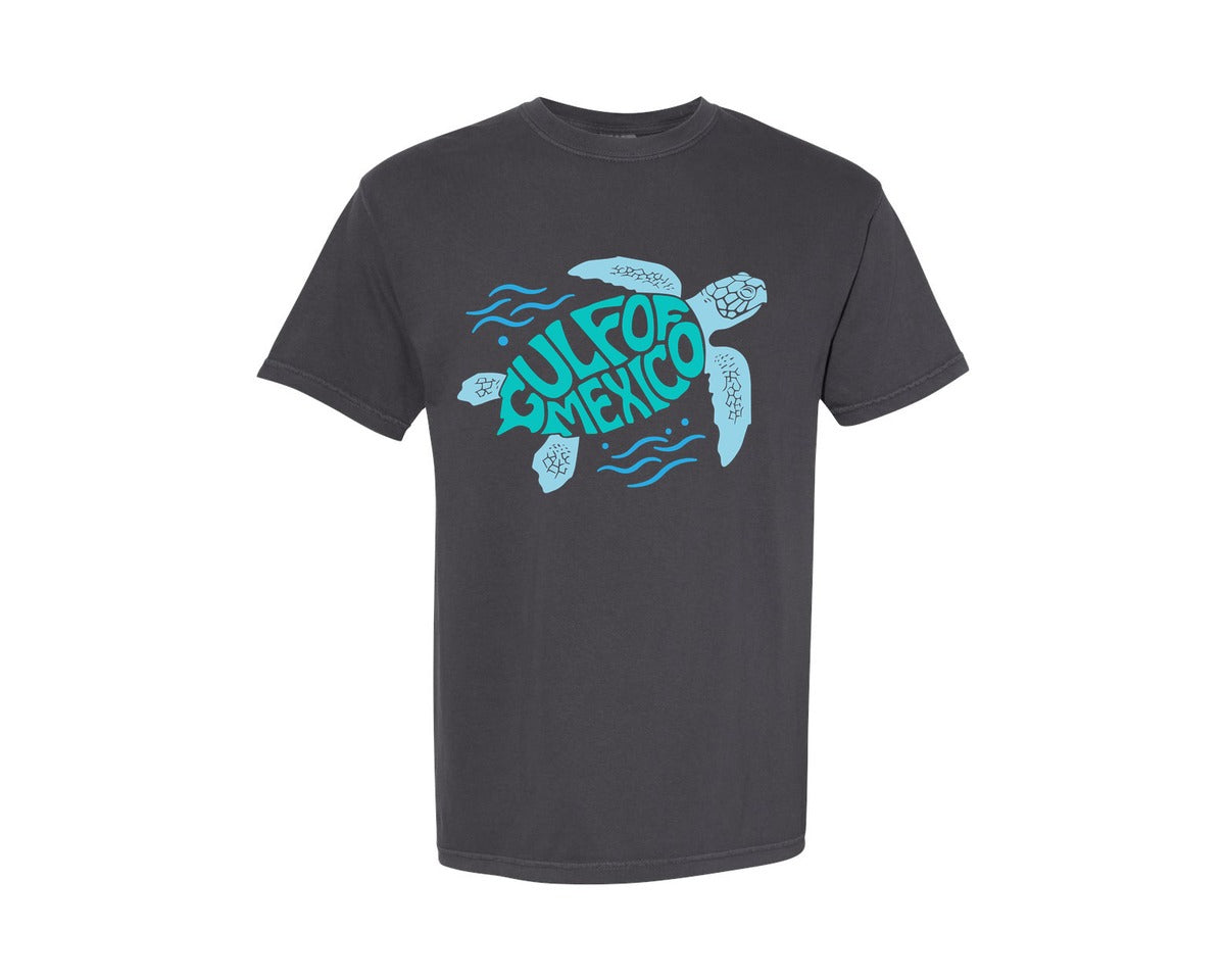 brand:Comfort Colors|color:Graphite|Gulf Of Mexico Word Art Turtle Graphic T-Shirt