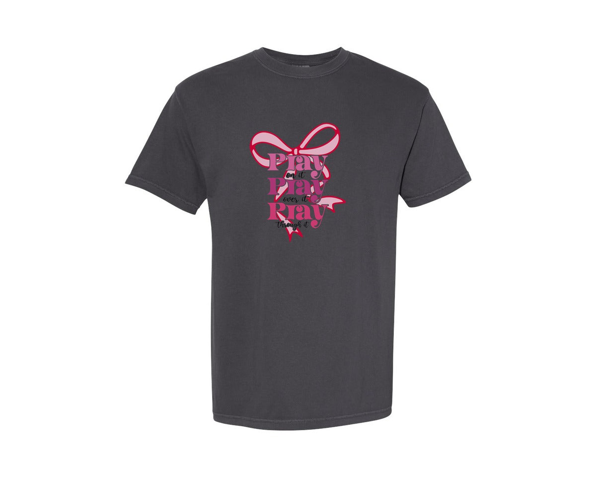 brand:Comfort Colors|color:Graphite|Pray On It Coquette Bow Jesus Graphic T-Shirt