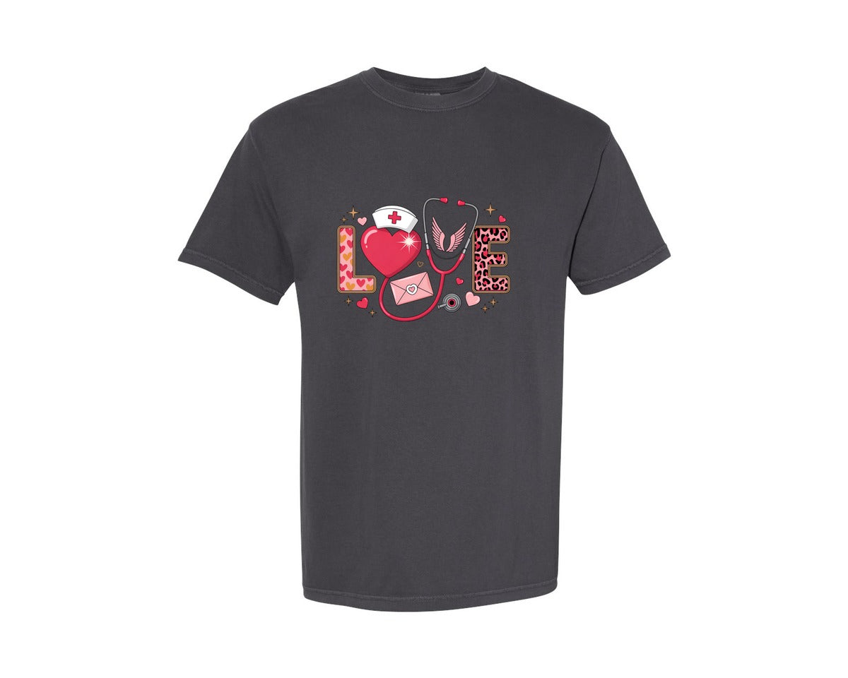 brand:Comfort Colors|color:Graphite|Nurse Valentine Nursing Rn Nurse Graphic T-Shirt