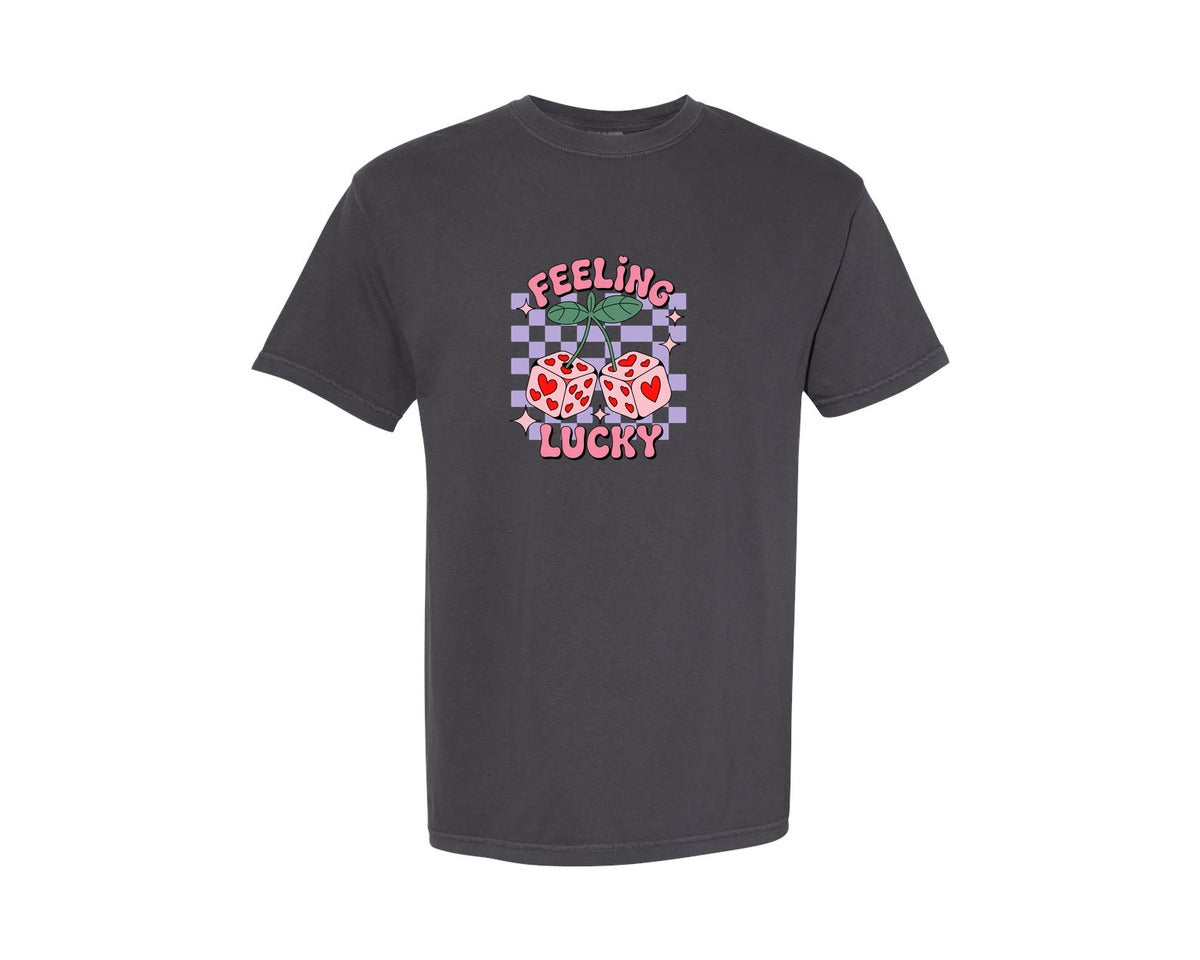 brand:Comfort Colors|color:Graphite|Feeling Lucky Hearts Dice Valentine Graphic T-Shirt