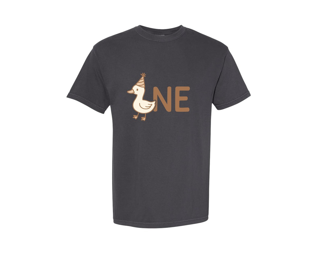 brand:Comfort Colors|color:Graphite|One Silly Goose First Birthday Boy Girl Graphic T-Shirt