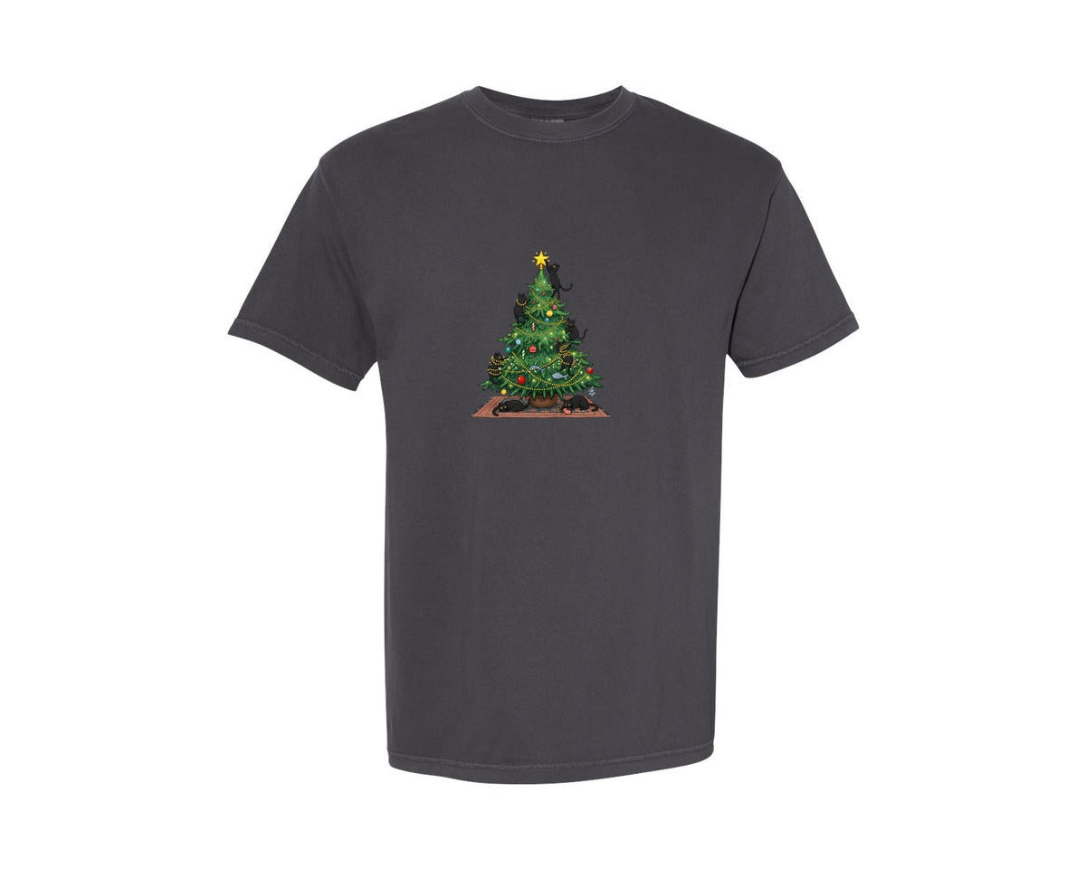 brand:Comfort Colors|color:Graphite|Black Cats Christmas Tree 3 Graphic T-Shirt