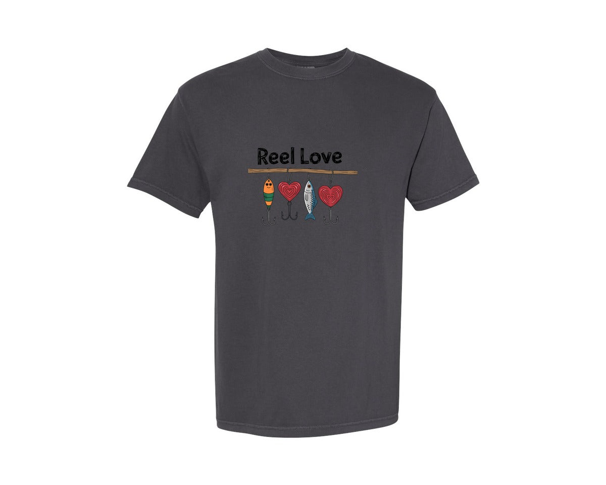 brand:Comfort Colors|color:Graphite|Reel Love Boys Valentines Fishing Graphic T-Shirt