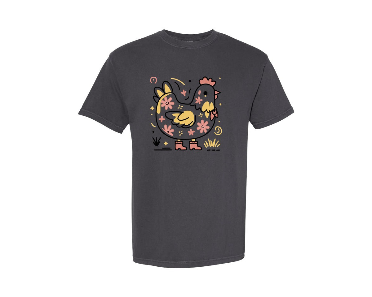 brand:Comfort Colors|color:Graphite|Floral Chicken Farm Animal Sub Graphic T-Shirt