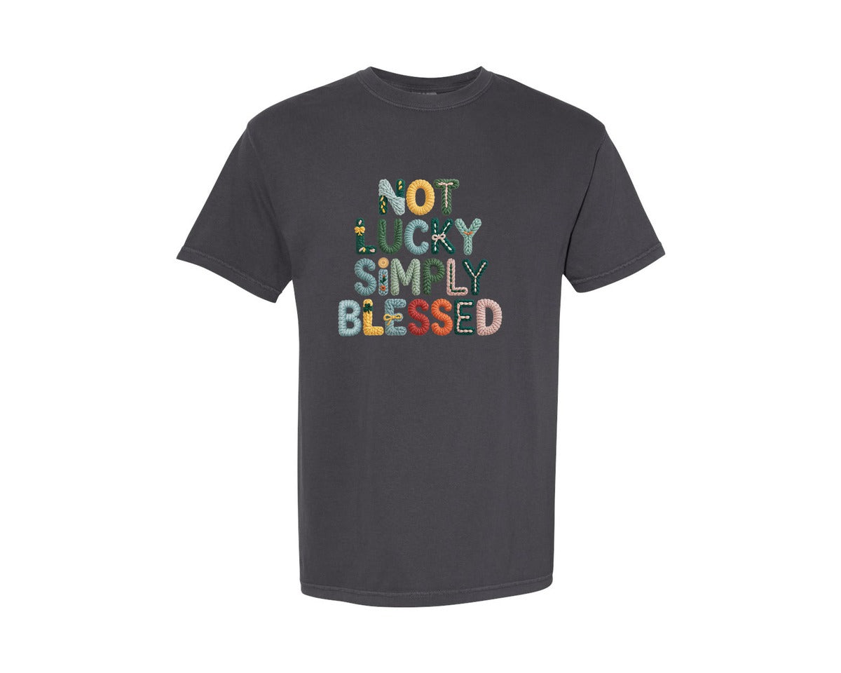 brand:Comfort Colors|color:Graphite|Not Lucky Simply Blessed Faux Yarn Graphic T-Shirt