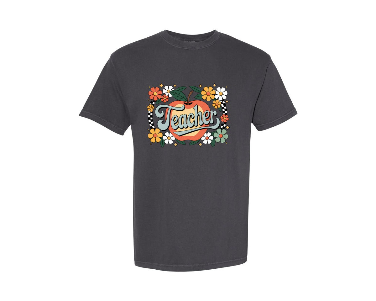 brand:Comfort Colors|color:Graphite|Floral Teacher Retro Teacher 5 Graphic T-Shirt
