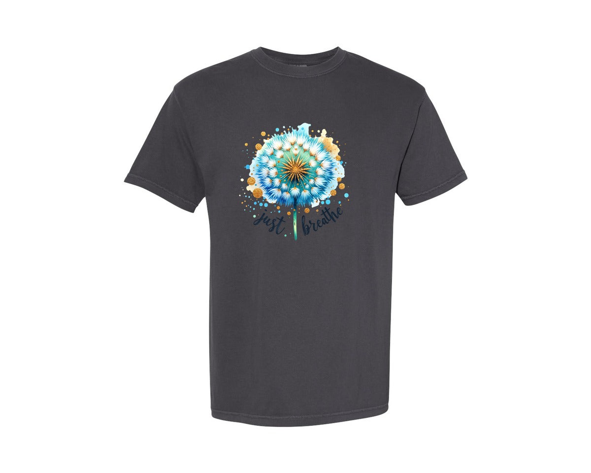 brand:Comfort Colors|color:Graphite|Just Breathe Dandelion Flower Graphic T-Shirt