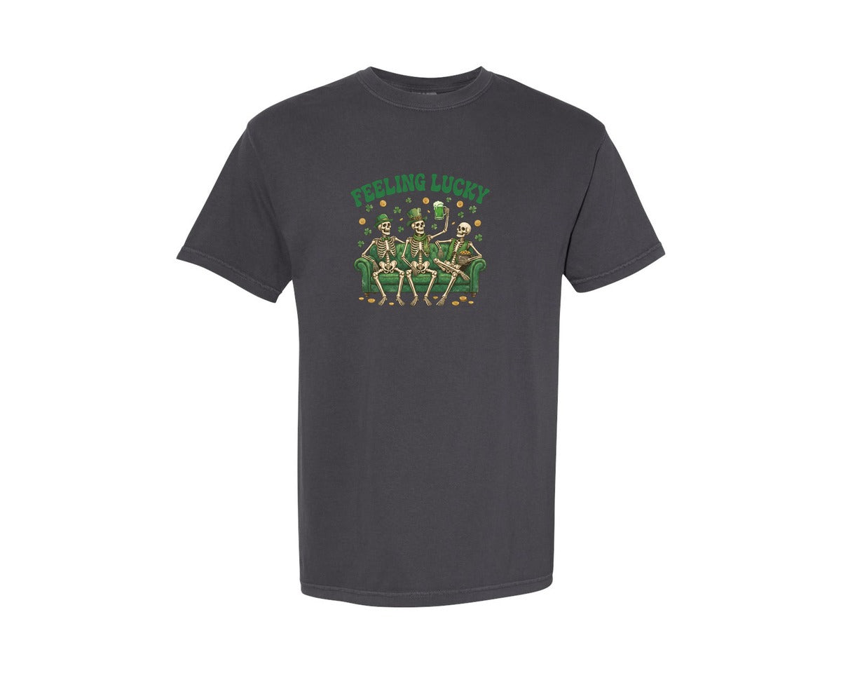 brand:Comfort Colors|color:Graphite|Feeling Lucky Skeletons St Patricks Day Graphic T-Shirt