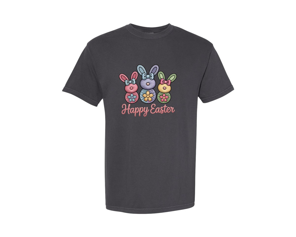 brand:Comfort Colors|color:Graphite|Latch Hook Easter Bunny Faux Yarn Graphic T-Shirt