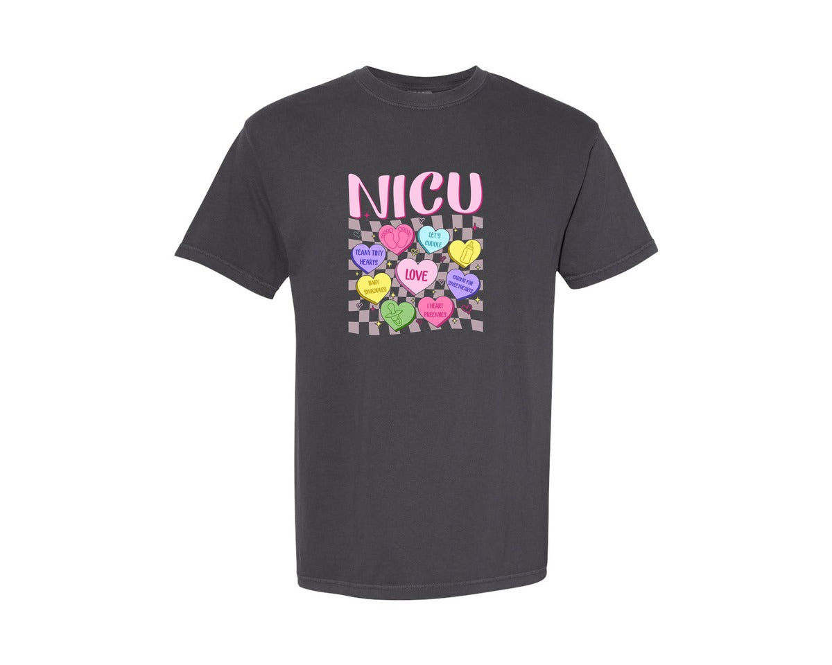 brand:Comfort Colors|color:Graphite|Nicu Candy Hearts Valentine Nurse Graphic T-Shirt