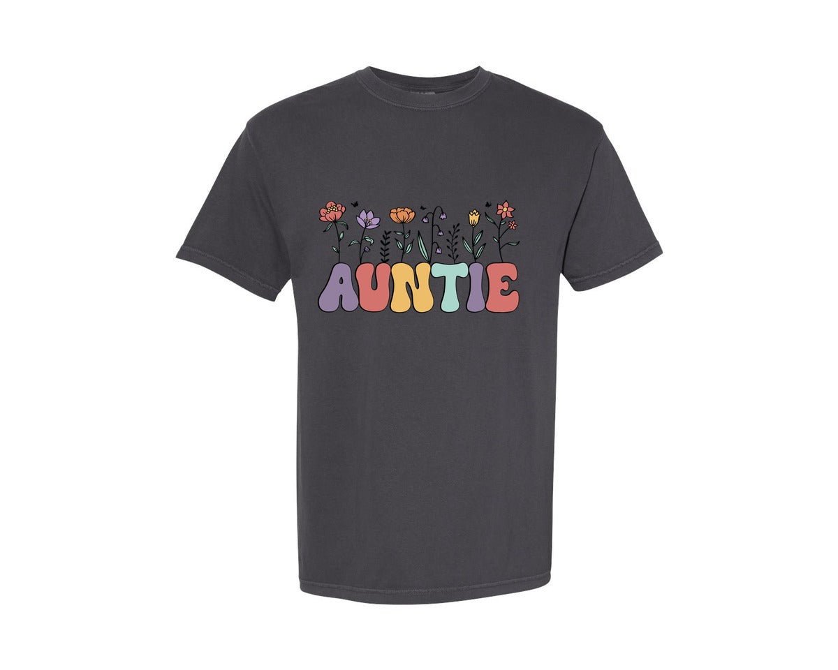 brand:Comfort Colors|color:Graphite|Retro Auntie Pngaunt Floral Wild Flower Graphic T-Shirt