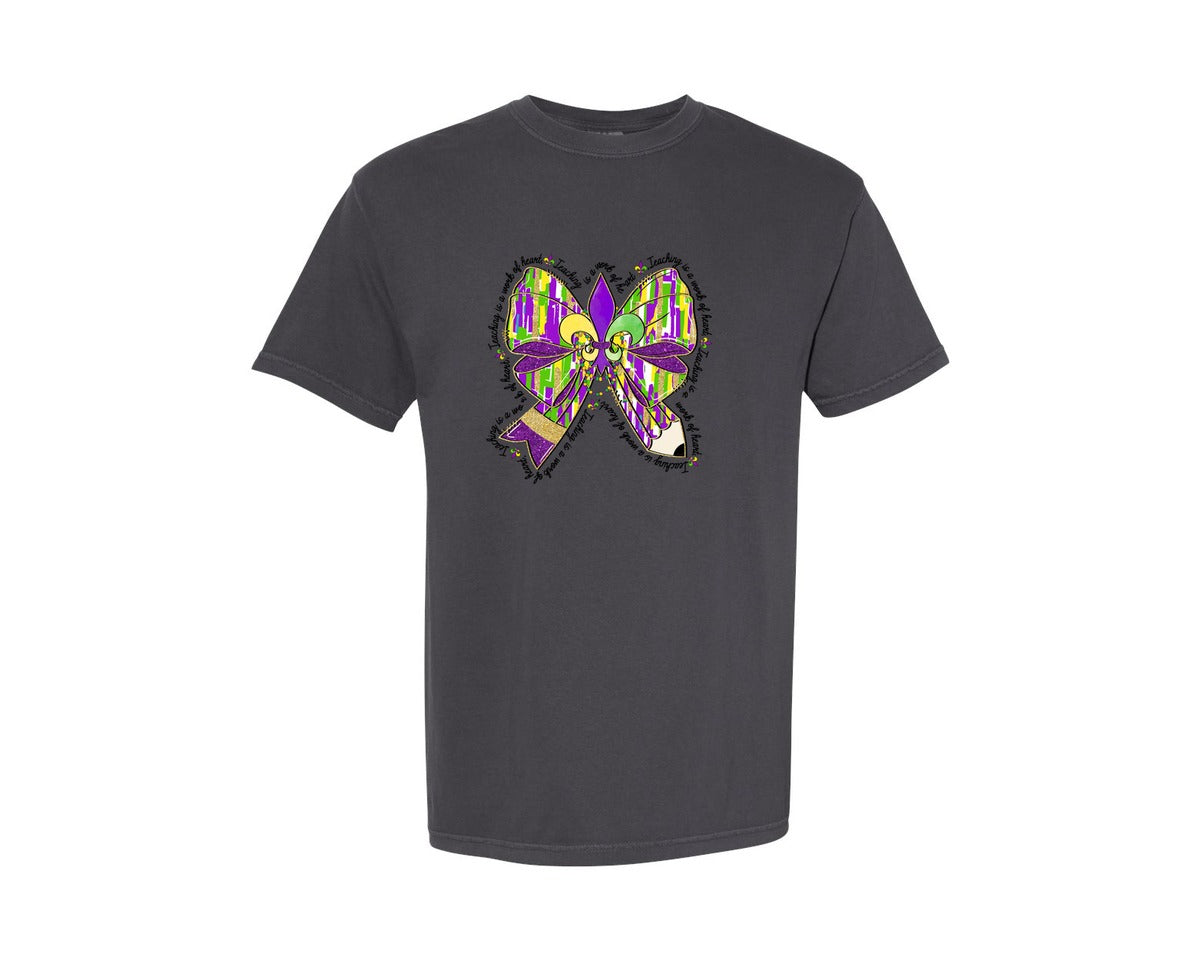 brand:Comfort Colors|color:Graphite|Teaching Is A Work Of Heart Mardi Gras Graphic T-Shirt
