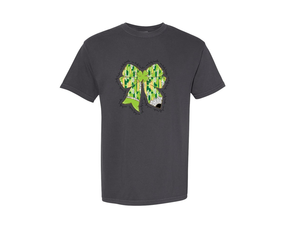 brand:Comfort Colors|color:Graphite|Teacher St Patricks Day Coquette Bow 3 Graphic T-Shirt