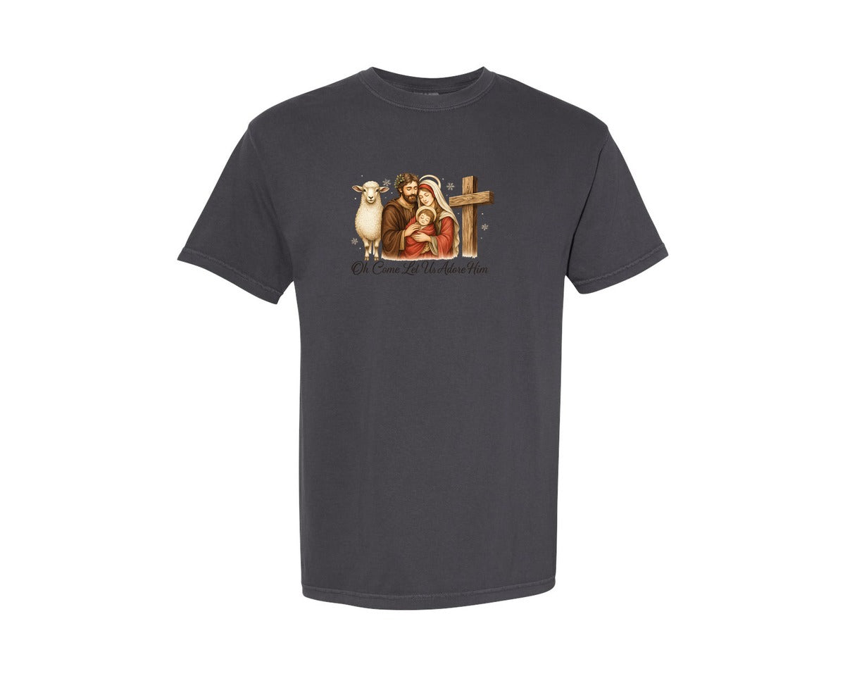 brand:Comfort Colors|color:Graphite|Oh Come Let Us Adore Him 47 Graphic T-Shirt