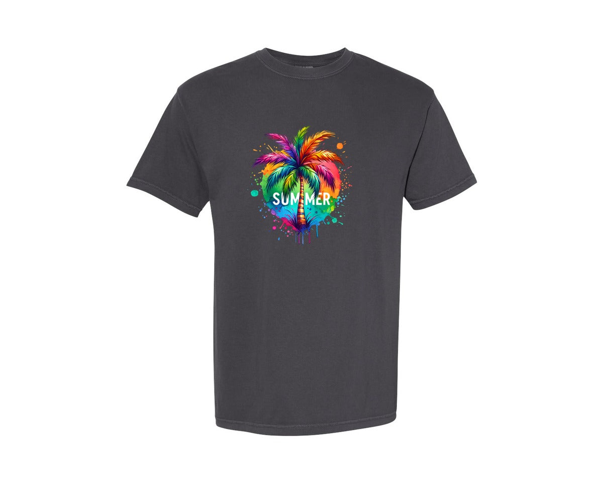 brand:Comfort Colors|color:Graphite|Colorful Palm Tree Summer Graphic T-Shirt