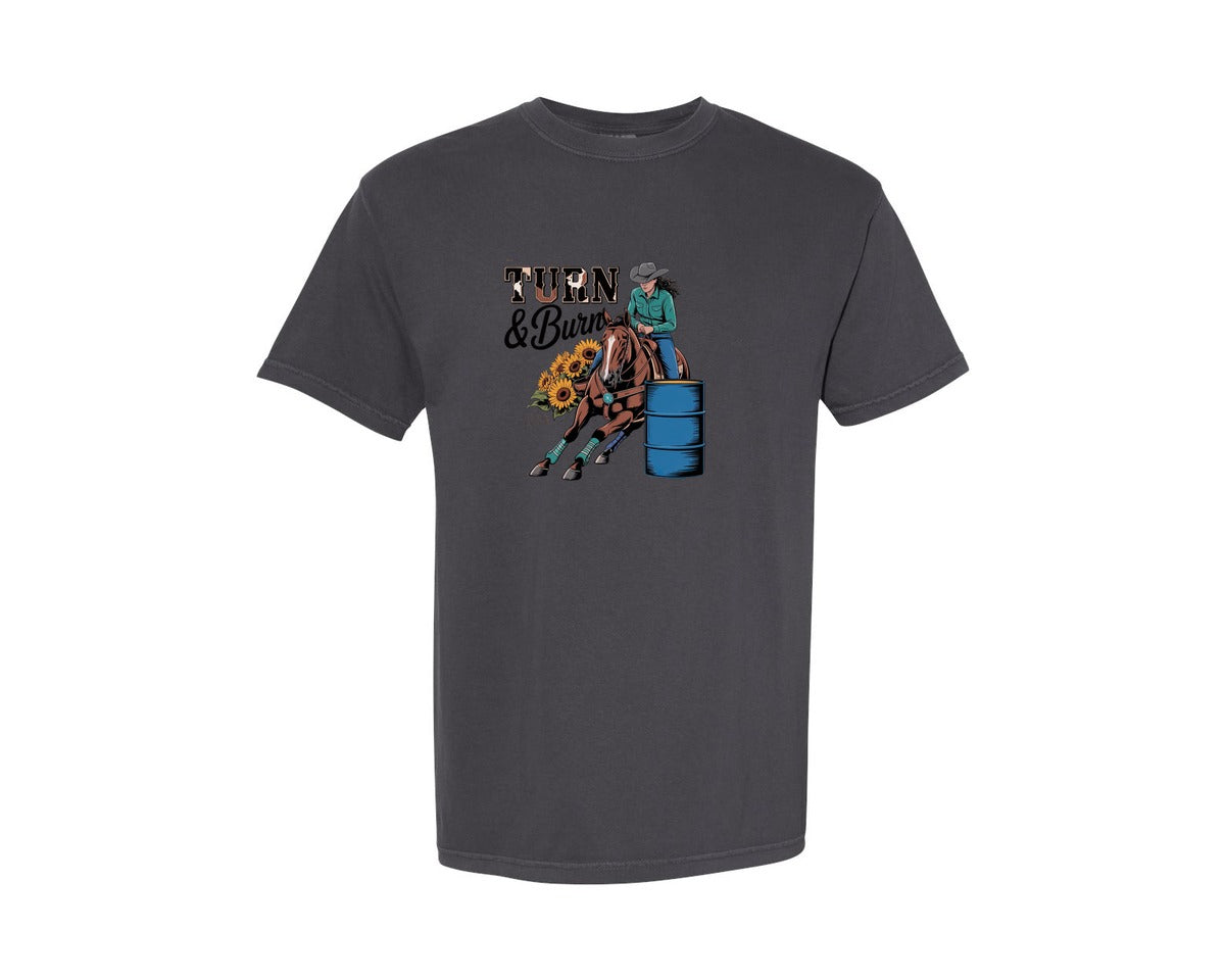 brand:Comfort Colors|color:Graphite|Barrel Racing Cowgirl Sunflowers 2 Graphic T-Shirt