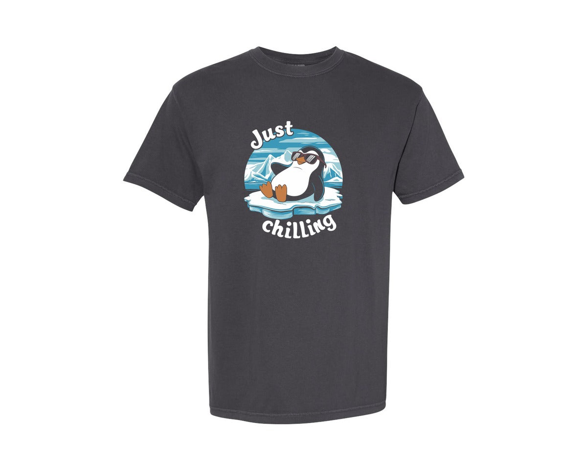 brand:Comfort Colors|color:Graphite|Just Chilling Penguin Pun Relaxed Vibes Graphic T-Shirt