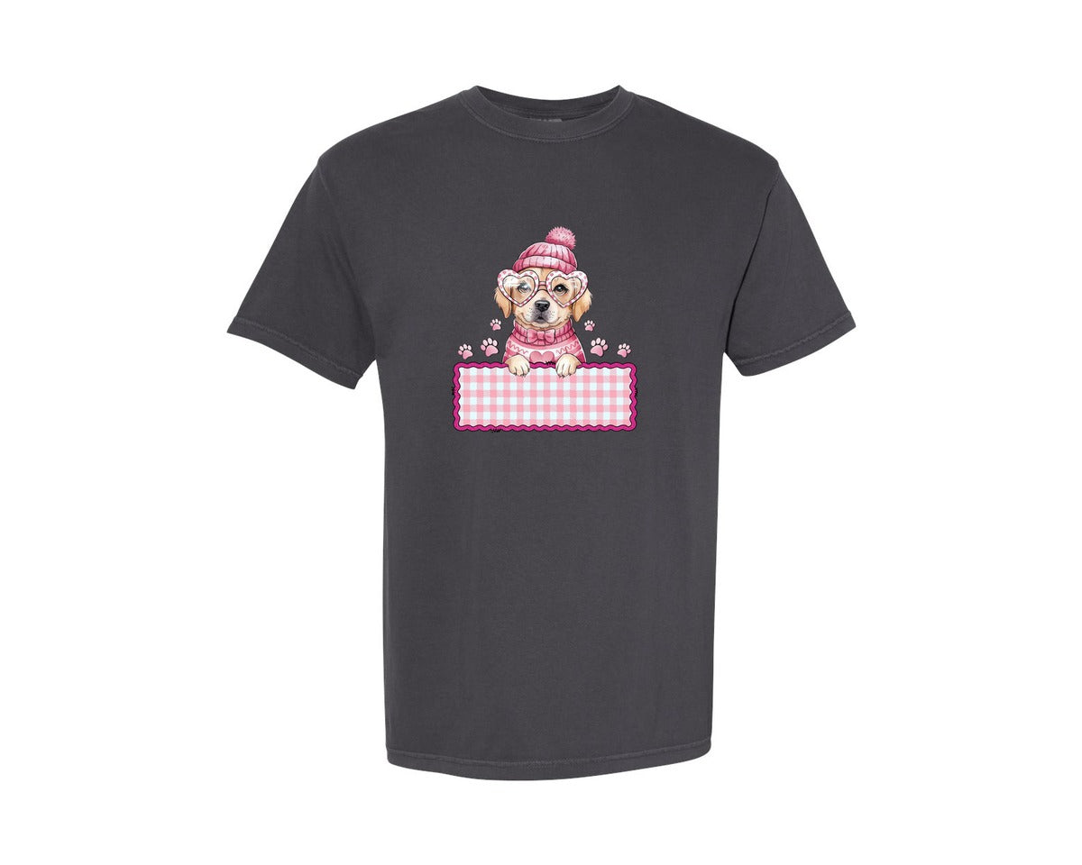 brand:Comfort Colors|color:Graphite|Cute Dog Valentine Pink Gingham Graphic T-Shirt