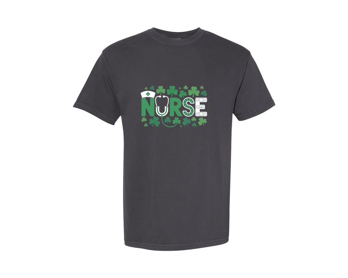 brand:Comfort Colors|color:Graphite|Nurse Shamrock Black Background Graphic T-Shirt