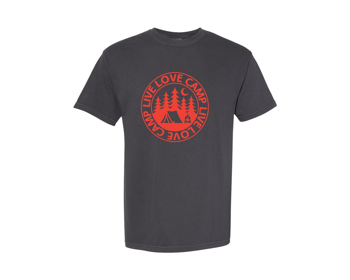 brand:Comfort Colors|color:Graphite|Vintage Circular Camping Badge T Shirt Graphic T-Shirt